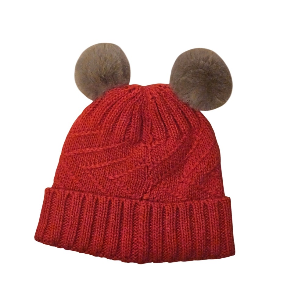 Red Knit Beanie Hat with Double‎ Pom Poms Adult Women's Winter Warm